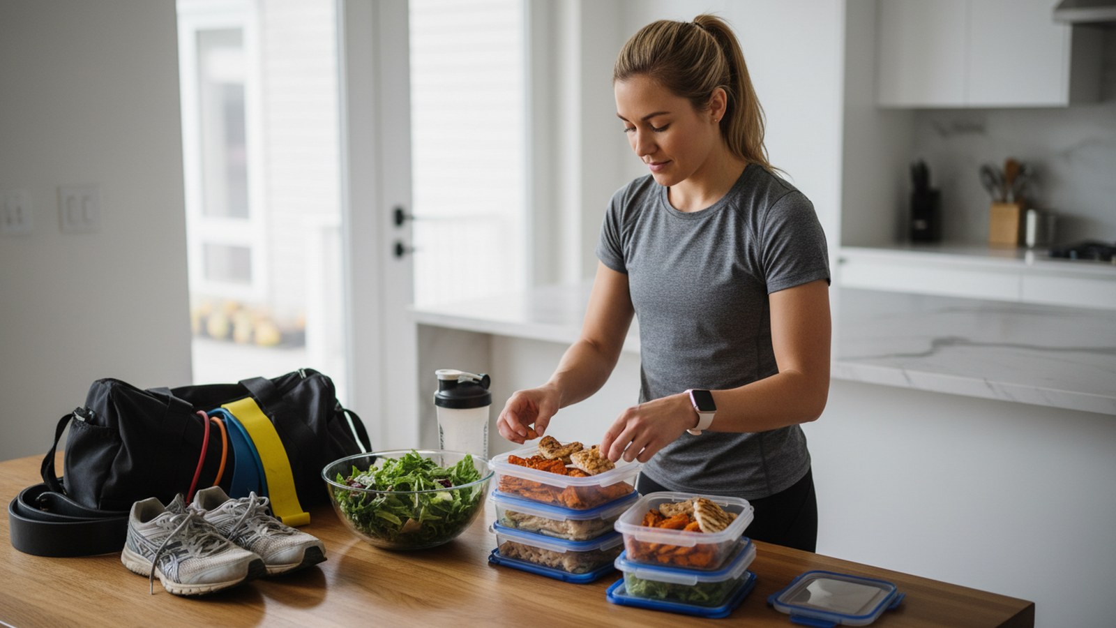 Hybrid athlete preparing balanced macro-friendly meals beside running and strength gear