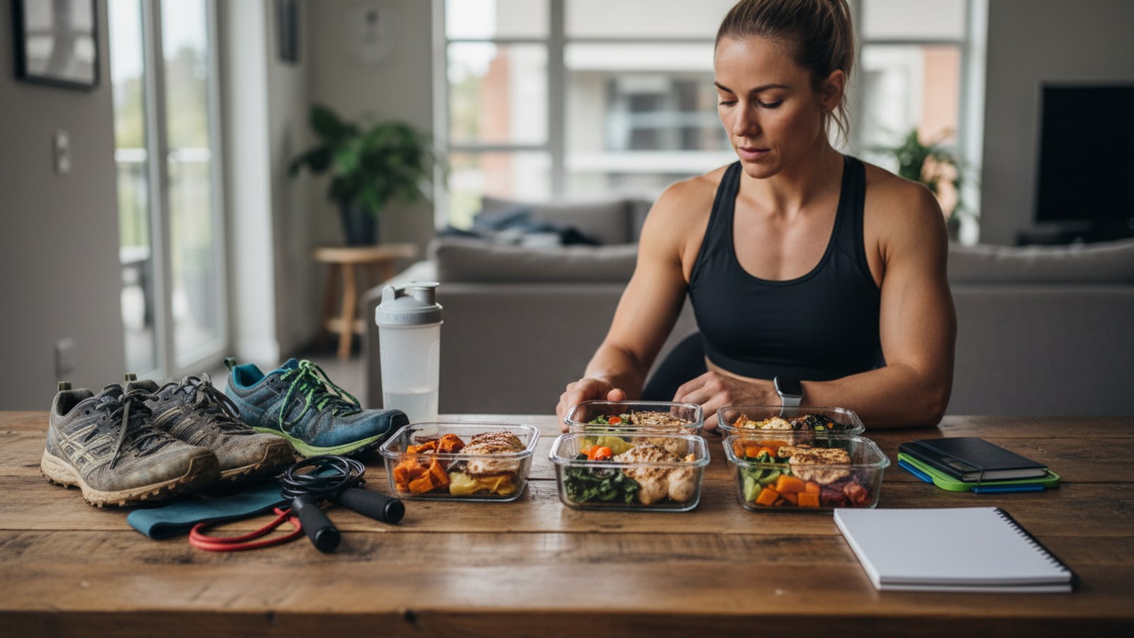 Hybrid athlete planning lifting, running, and nutrition together at a table