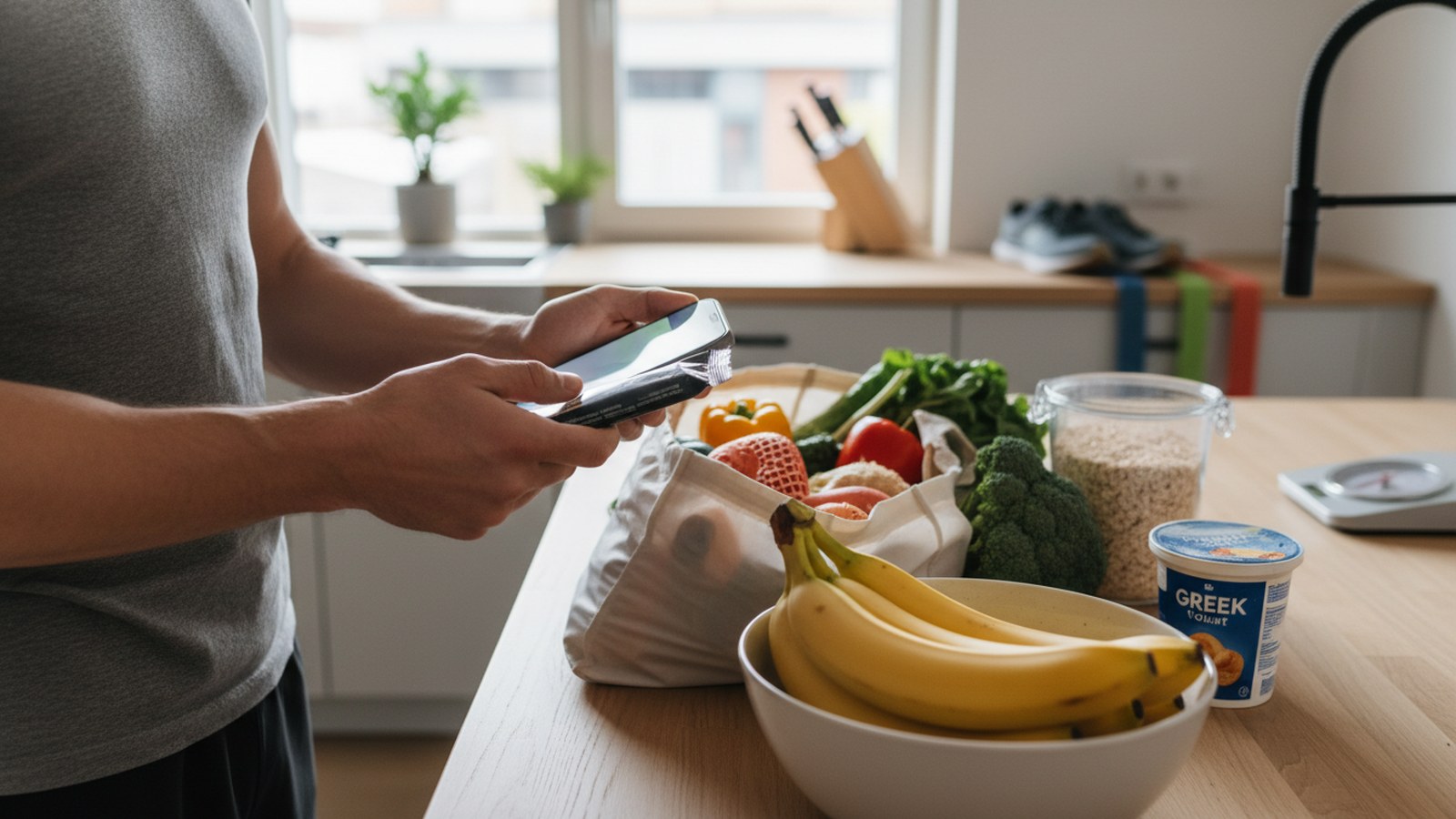 Person quickly logging packaged food with a phone while handling groceries